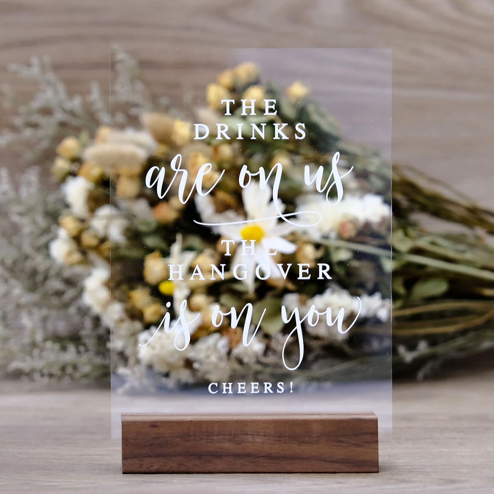 Acrylic Wedding Bar Sign With Wood Stand- 5    X 7'' Glass Look Clear Acrylic Wedding Drink Sign Open Bar Sigs With Holder For W